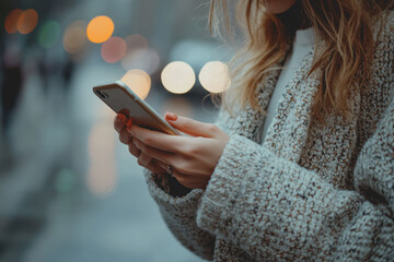 Woman sitting at a table texting on her smartphone with a focused expression and casual attire in a cozy indoor setting