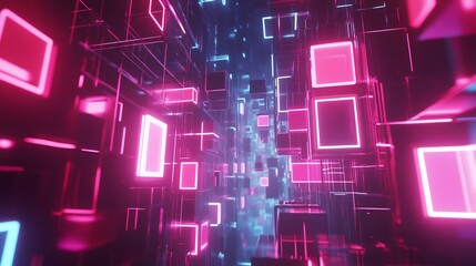 Poster - Vibrant Neon Geometric Shapes Create an Immersive Digital Environment With Glowing Lights