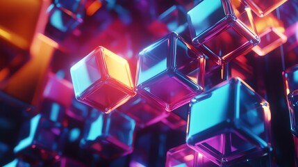 Poster - Colorful Illuminated 3D Cubes Floating in a Vibrant Abstract Background at Night