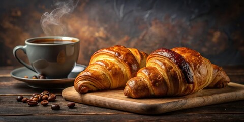 Aufkleber - Warm, buttery croissants and a steaming cup of coffee on a rustic wooden board