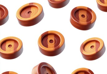 Wall Mural - Multiple wooden game pieces with brown and beige tones, arranged against a white background. The pieces are round with a central hole, showing a wood