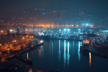 Wall Mural - Nighttime View of a Bustling Industrial Port with Illuminated Cranes and Shipping Containers Reflecting on Calm Water