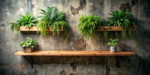Aufkleber - Lush Greenery in Wooden Planters on a Rustic Shelf Against a Textured Wall