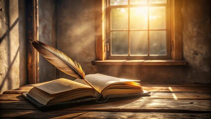Poster - A quill pen rests on an open antique book bathed in warm sunlight streaming through a rustic window