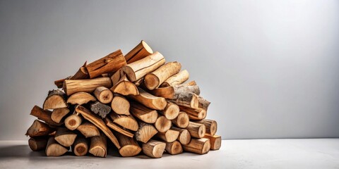 Poster - A neatly stacked pile of seasoned firewood logs against a light gray background
