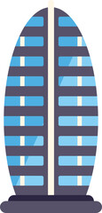 Poster - oval shaped modern skyscraper with blue windows standing tall against white background, representing