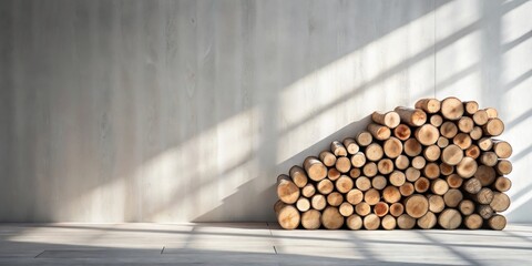 Aufkleber - Stack of Wooden Logs Against a Light Wall in a Sunlit Room