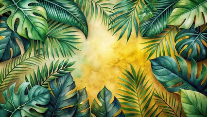 Poster - Lush Tropical Foliage Border on a Golden Watercolor Background, Perfect for Summer Designs