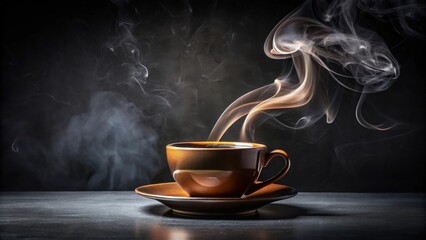 Poster - Aromatic Steam Rising from a Brown Coffee Cup on a Dark Surface