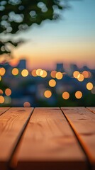 Poster - Golden hour casts a warm glow over a rustic wooden table, with city lights sparkling softly in the background as twilight blankets the horizon. The atmosphere is enchanting and serene