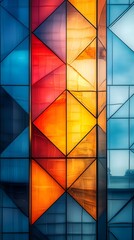 Poster - Geometric glass facade in warm and cool tones. A modern architectural marvel.