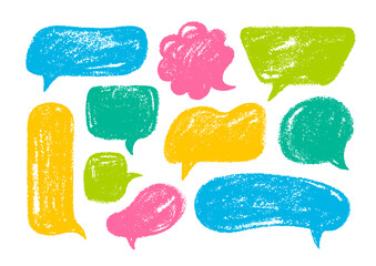 Aufkleber - Speech text balloon. Crayon frame. Hand drawn box. Color chalk talk cloud icon. Sketch comic bubble. Cute doodle pencil speech balloon. Pastel or brush texture chat frame for text. Handwriting dialog