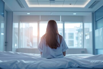 Back view of adult woman making cancer therapy in the modern hospital