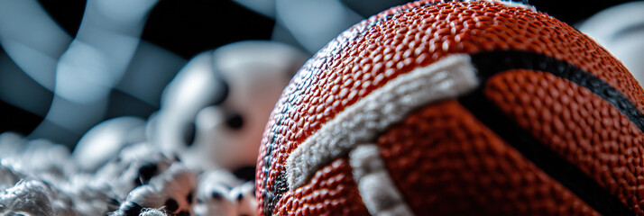 Close-up of Basketball with Blurred Background of Sports Balls and Net