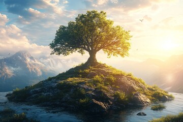 Wall Mural - A Solitary Tree Stands Majestically On A Small Island, Overlooking A Serene Lake And Breathtaking Mountain Range Bathed In The Golden Light Of Sunset.