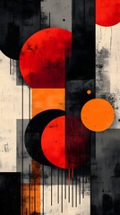 Poster - Abstract art featuring red and orange circles, geometric shapes, and textured backgrounds.