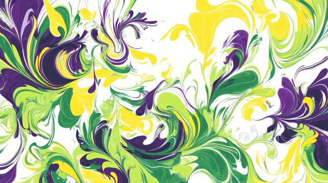 abstract pattern with organic, swirling shapes in vivid greens, yellows, and purples, set against a white backdrop.