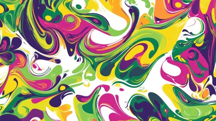 abstract pattern with organic, swirling shapes in vivid greens, yellows, and purples, set against a white backdrop.