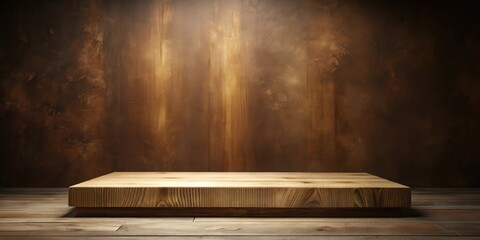 Poster - Rustic Wooden Platform Display Against a Textured Brown Background Ideal for Product Showcases and Mockups