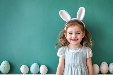 Smiling girl wearing bunny ears celebrating easter with painted eggs