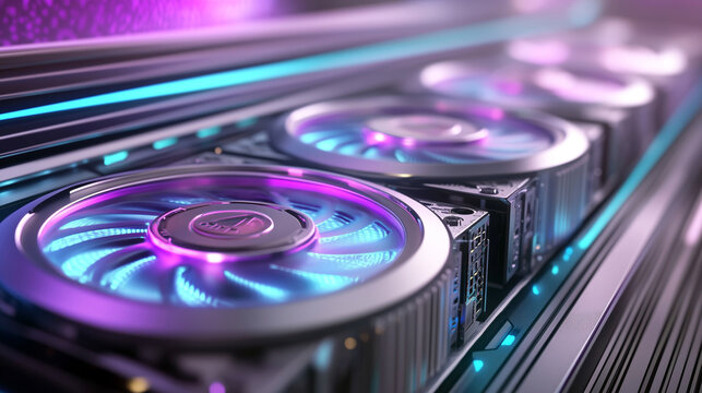 Neon-lit computer graphics card with led fans in high-tech setting