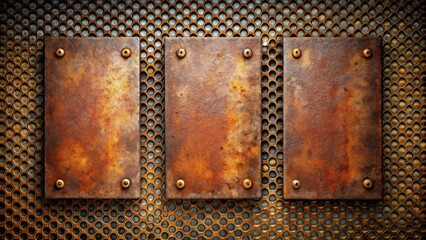 Poster - Rustic metallic background featuring three textured, riveted plates on a perforated metal surface