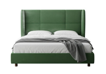 Wall Mural - stylish green upholstered bed with a high padded headboard, white bedding, and a gray knitted throw, isolated on white background