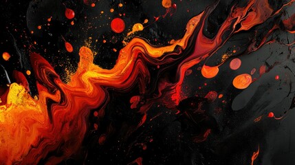 Poster - Abstract Vibrant Swirls of Orange and Black with Circular Shapes and Textures Representing Energy and Movement in Artistic Liquid Design