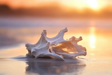 Wall Mural - Sunlit driftwood sculpture on a tranquil beach at sunset, reflecting golden light.