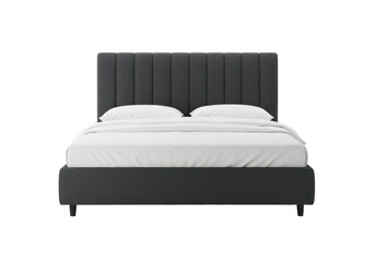 Wall Mural - Sleek dark gray upholstered bed with a vertically padded headboard and white bedding, isolated on white background