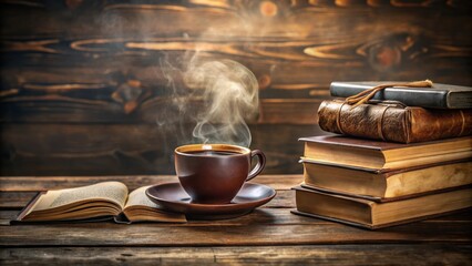 Aufkleber - A steaming cup of coffee rests beside an open book and a stack of antique volumes on a rustic wooden surface.