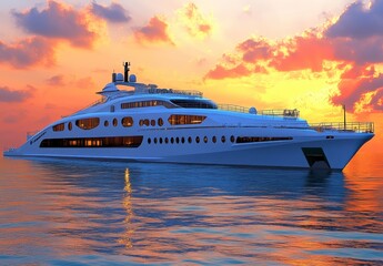 Wall Mural - Luxury yacht at sunset, sailing on calm ocean waters. Dramatic orange and pink sky, reflecting on the water. White yacht with sleek design. Tranquil