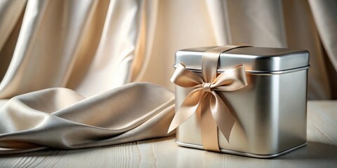 Wall Mural - Elegant metallic gift box with beige satin ribbon, resting on a wood surface and draped with luxurious fabric