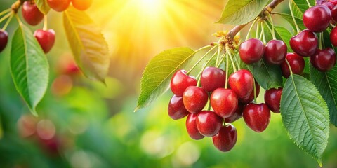 Poster - Sunlit cluster of ripe red cherries hanging on a branch with vibrant green leaves