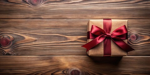 Poster - A beautifully wrapped gift box with a rich crimson ribbon sits atop a rustic wooden surface