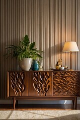 Poster - elegant wooden furniture with intricate design against a textured wall in a cozy living room setting