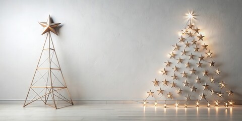 Poster - Minimalist gold star Christmas tree wall decor with light string