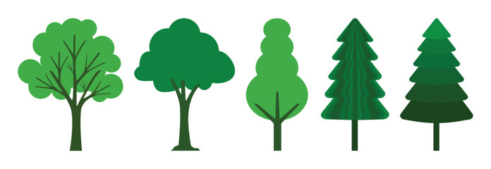 set of tree, icon style vector trees. different types of lush green tree plants. isolated, usable ba