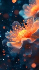 Poster - Luminous flower blossoms radiate warmth against a dark, bokeh-filled backdrop. An ethereal glow illuminates the intricate details.