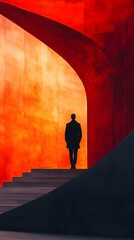 Poster - Silhouette of a person standing at the top of a staircase, bathed in warm light.