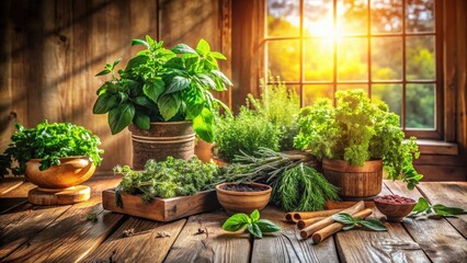 Aufkleber - Rustic wooden table with a sunlit window background showcasing an assortment of fresh herbs in various containers, including basil, parsley, dill, and thyme, along with spices and wooden utensils.
