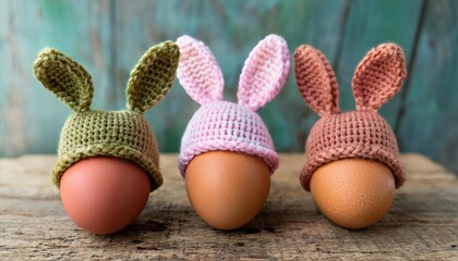 Wall Mural - Three Easter eggs in crochet hats with bunny ears on old wooden table 