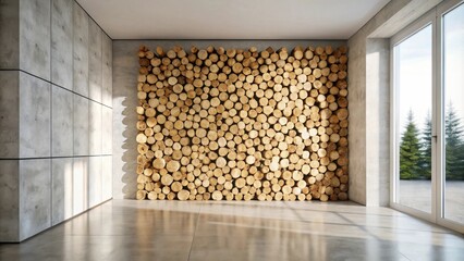 Poster - Modern minimalist interior design featuring a wall of stacked wood logs and polished concrete floor