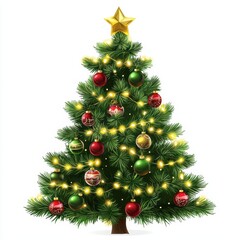 Wall Mural - Christmas tree decorated with lights and ornaments, isolated on white background