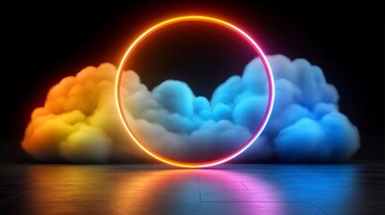 Wall Mural - Vibrant neon ring glowing brightly against a dark background, encircled by stylized clouds in warm and cool colors. The scene is reflected on a