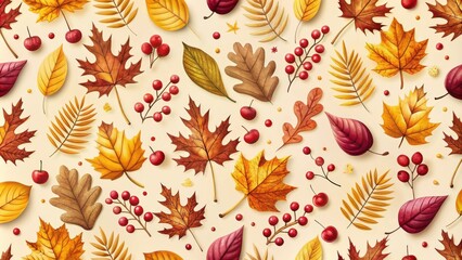Aufkleber - Autumnal Leaf and Berry Pattern Design Featuring Vibrant Hues