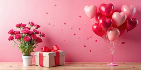 Poster - Romantic Celebration Pink Roses, Gift, and Heart Balloons on a Wooden Table