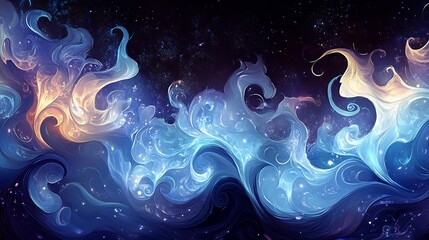 Wall Mural - Celestial swirls dance softly glowing blue and gold light. AI Generated