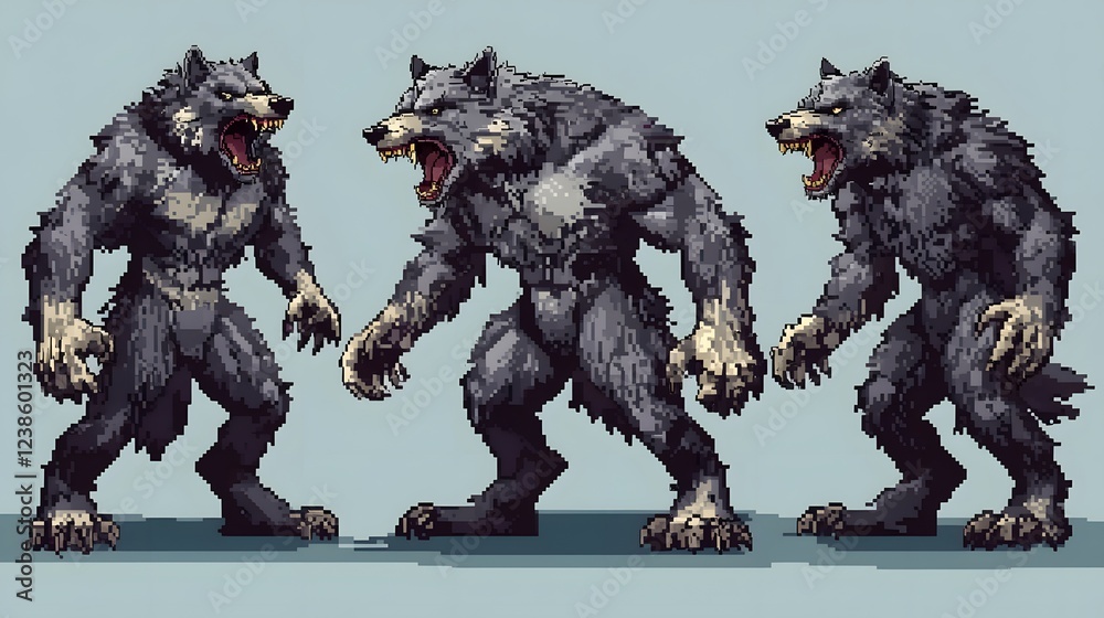Pixel Art Depiction of a Snarling Werewolf Transformation and Clawing ...