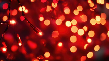 Poster - Bright Red String Lights Creating a Festive Atmosphere with Soft Glowing Bokeh Effects, Perfect for Holiday Decor and Celebrations, Inviting Warmth and Joy